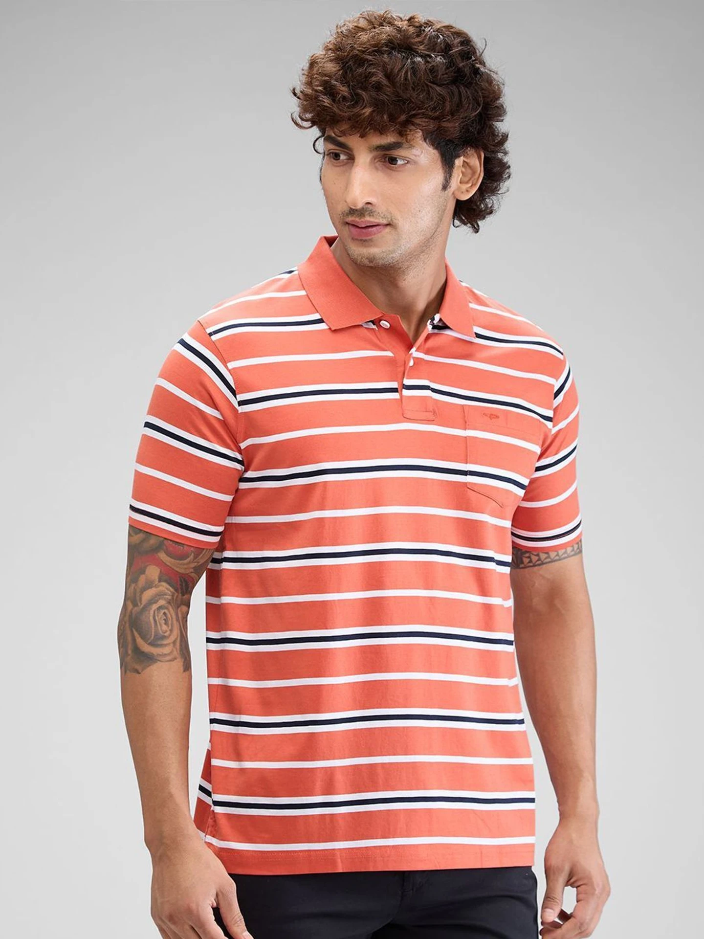 Men Striped Polo Neck Pure Cotton Orange T-Shirt
