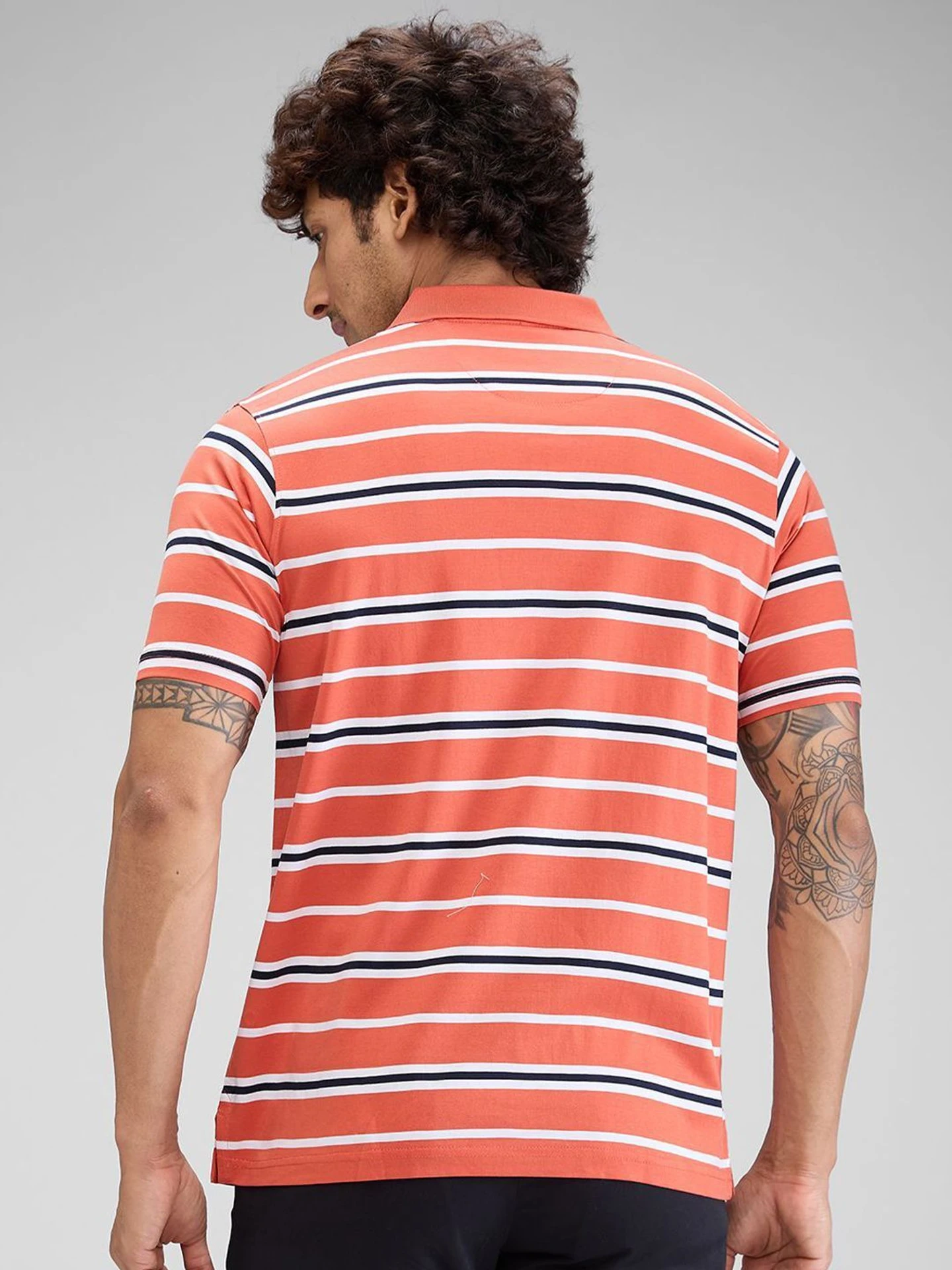 Men Striped Polo Neck Pure Cotton Orange T-Shirt