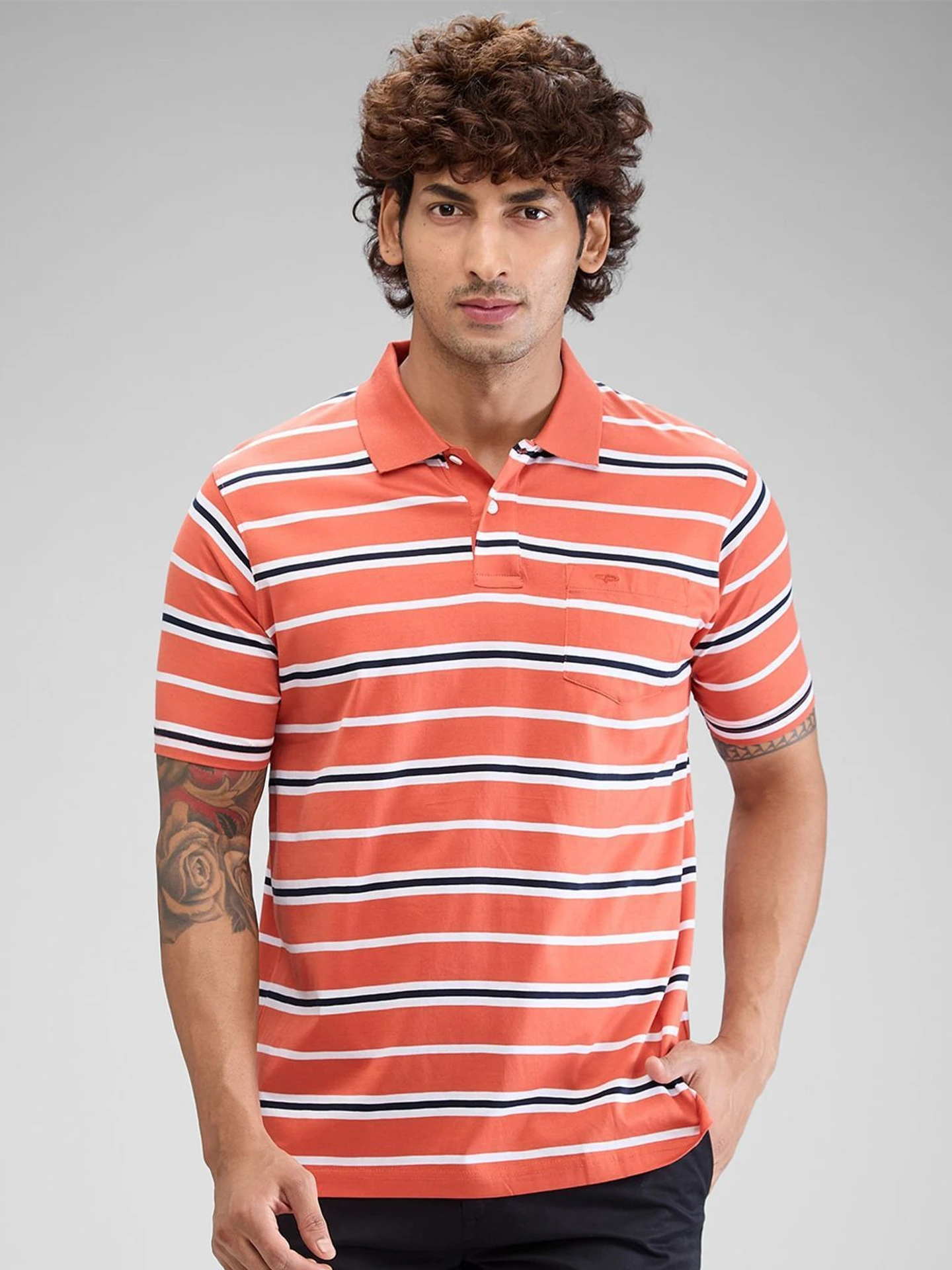 Men Striped Polo Neck Pure Cotton Orange T-Shirt